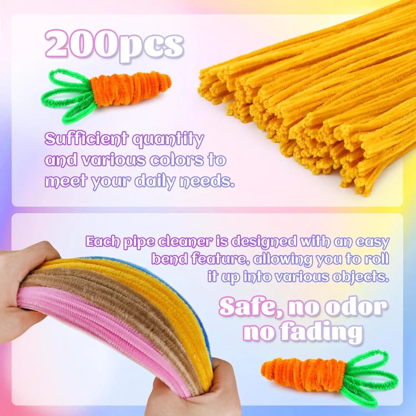 200pcs Pipe Cleaners Craft Set with 10 pairs Adhesive Eyes Chenille Stems DIY Christmas Mother's Day Decoration Art Supplies