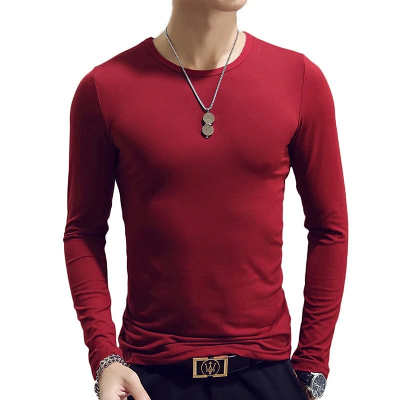 Spring Autumn Period Long Sleeve Cultivate One's Morality Men's T-shirt O-neck Solid Polyester T Shirt Men Red Blue Black