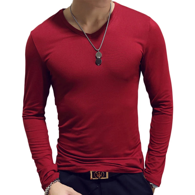 Spring Autumn Period Long Sleeve Cultivate One's Morality Men's T-shirt O-neck Solid Polyester T Shirt Men Red Blue Black