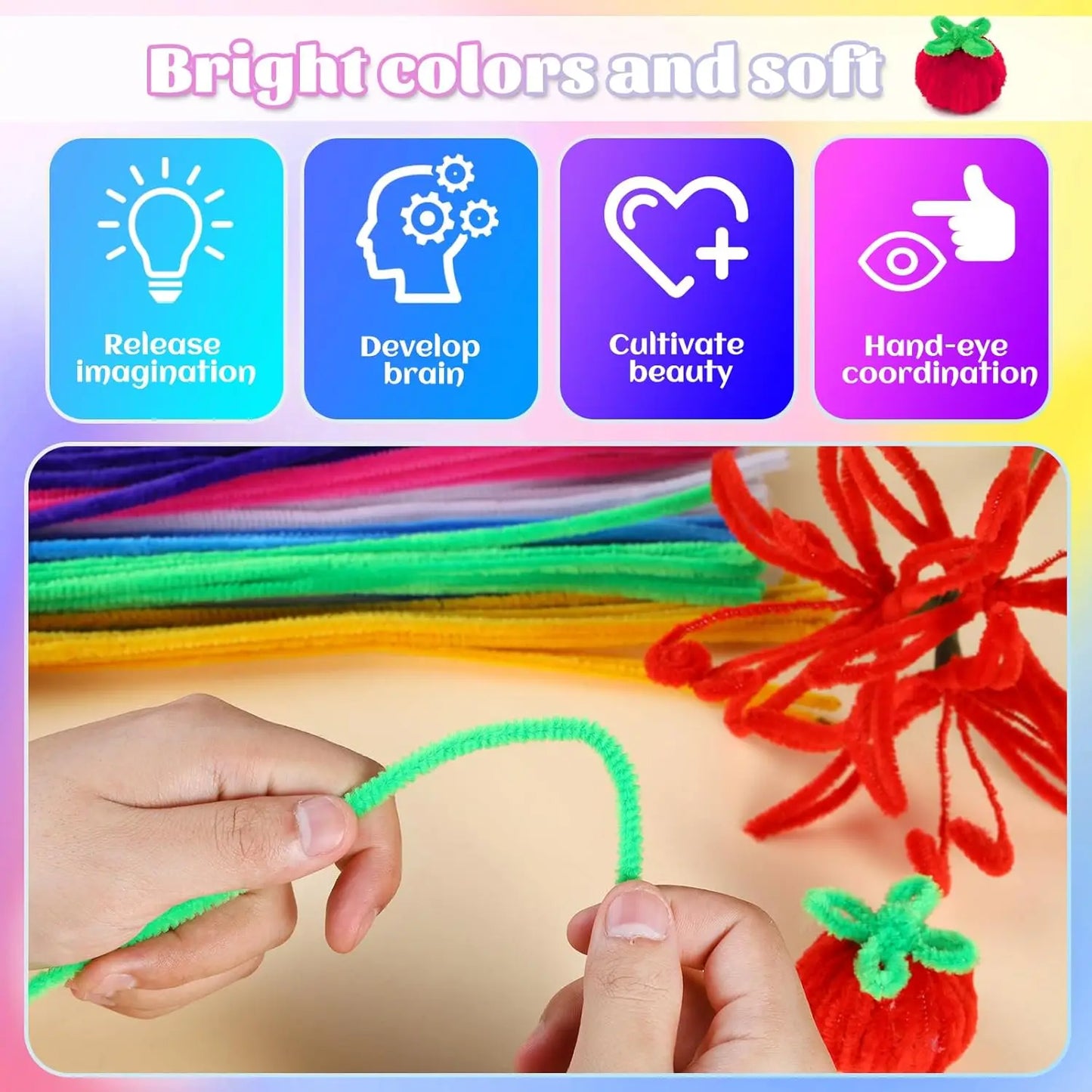 200pcs Pipe Cleaners Craft Set with 10 pairs Adhesive Eyes Chenille Stems DIY Christmas Mother's Day Decoration Art Supplies