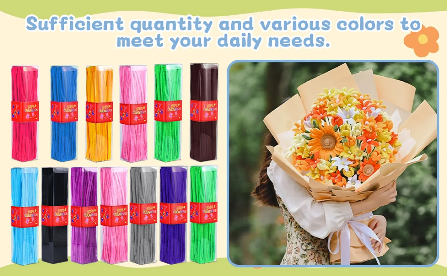 200pcs Pipe Cleaners Craft Set with 10 pairs Adhesive Eyes Chenille Stems DIY Christmas Mother's Day Decoration Art Supplies