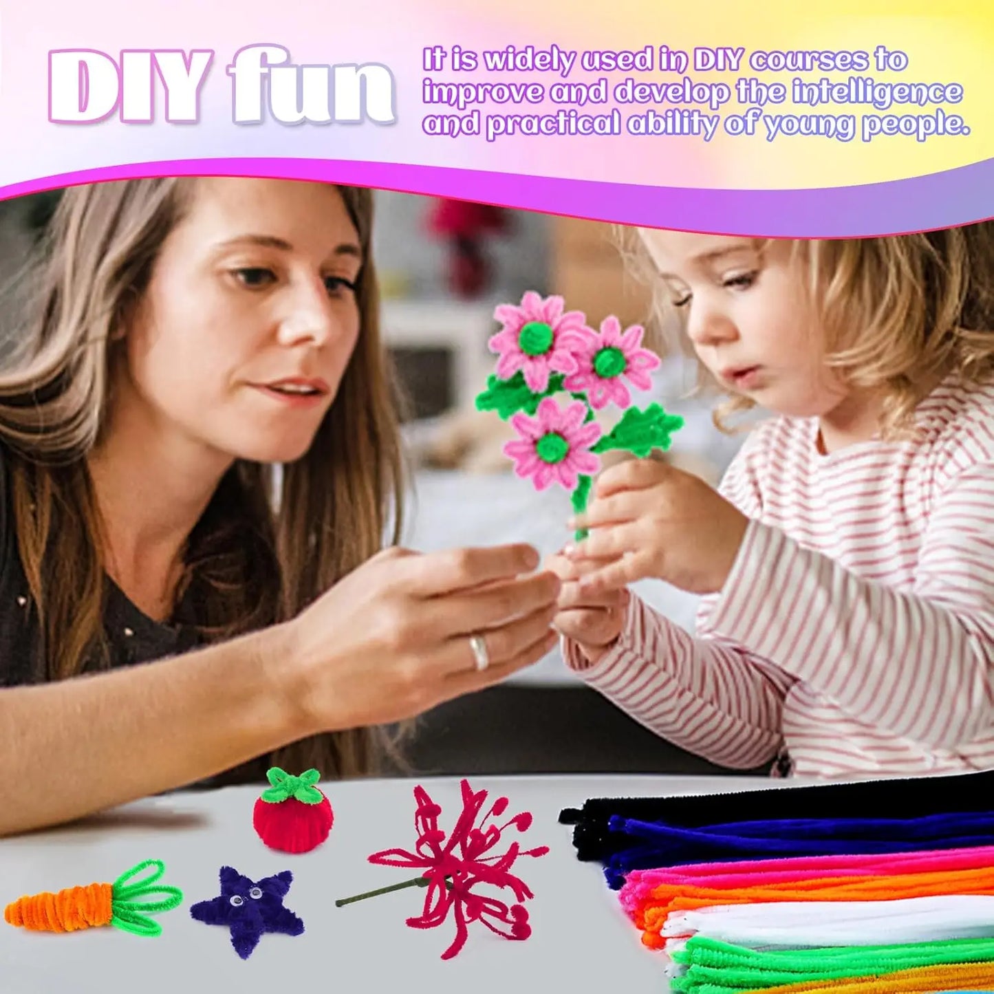 200pcs Pipe Cleaners Craft Set with 10 pairs Adhesive Eyes Chenille Stems DIY Christmas Mother's Day Decoration Art Supplies