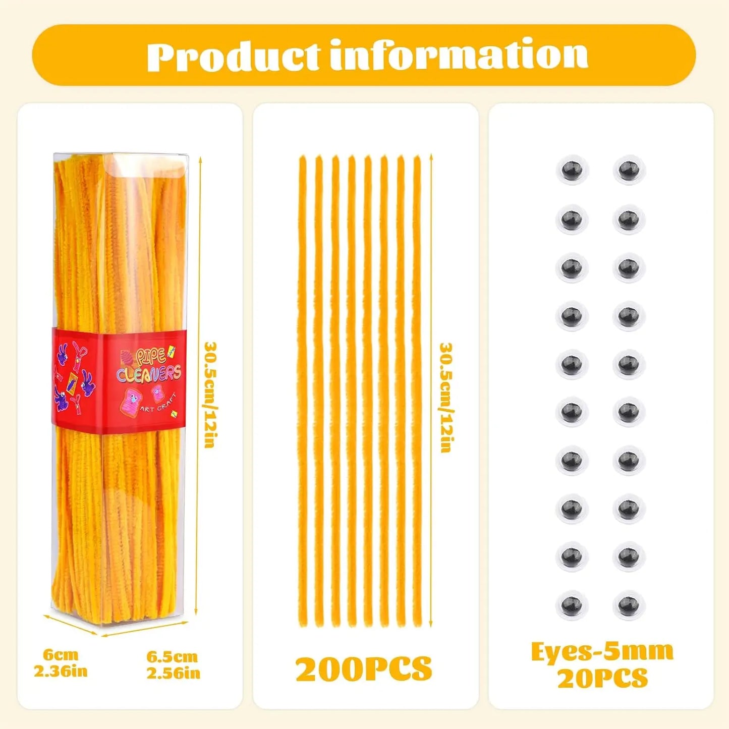 200pcs Pipe Cleaners Craft Set with 10 pairs Adhesive Eyes Chenille Stems DIY Christmas Mother's Day Decoration Art Supplies